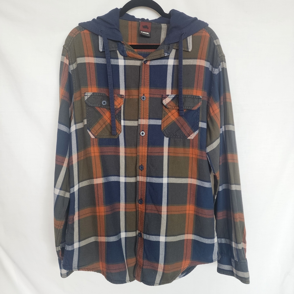 Retro Tony Hawk Size L Hooded Flannel Button Down Shirt 90s